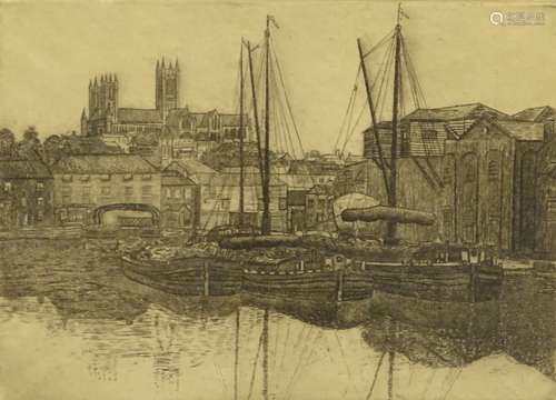 D. Deighton (19thC/20thC). Brayford Lincoln, etching, signed, 17cm x 22.5cm, and two others The Blac