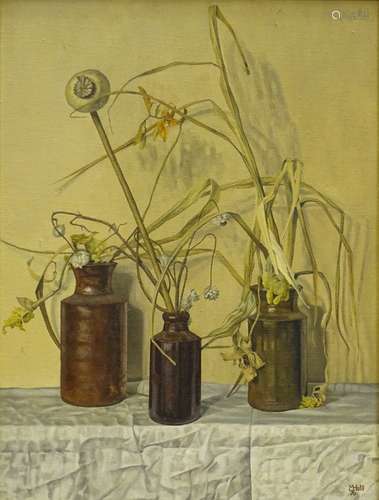 Michael C. J. Hall (20thC). Stone jars with dead flowers, oil on board, initialled, dated (19)76, an