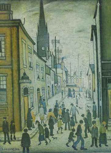 After Laurence Stephen Lowry. The Organ Grinder, coloured print, 55.5cm x 40cm.