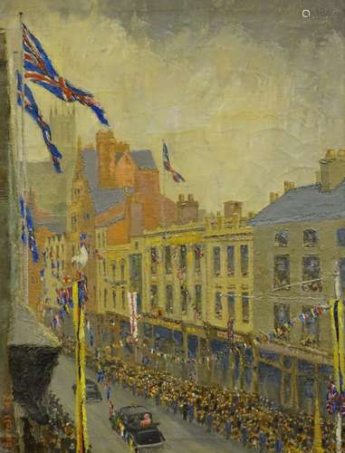 Barrell (20thC). Royal Procession Lincoln, oil on canvas, signed, dated (19)47 and titled verso 59cm