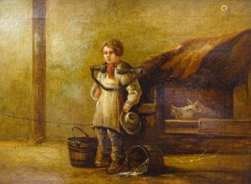 19thC British School. Victorian farm boy, oil on canvas, indistinctly signed, 29cm x 39.5cm.