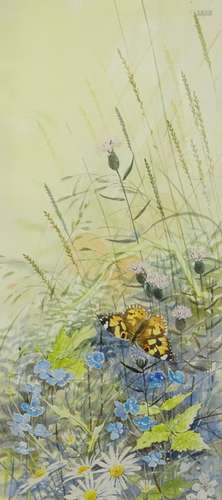 Paul Miller (20thC). Floral and butterfly study, watercolour - Pair, signed, 47cm x 21.5cm, and anot