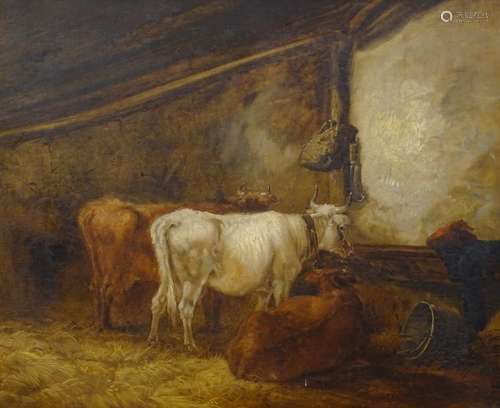 J. Barker (19thC). Cattle in stable, oil on canvas, signed, 62cm x 74.5cm.