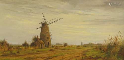 James Wright (b.1935). Country landscape with Windmills, oil on canvas, signed, 43.5cm x 89.5cm.