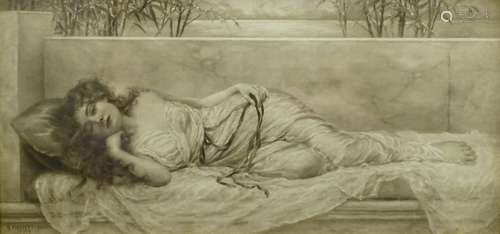 After Prescott Davies. Summer Siesta, Midsummer Reverie, a pair of oak framed sepia prints, 26cm x 5