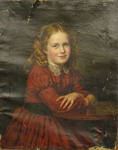 19thC British School. Half length portrait of a young lady in scarlet dress, oil on canvas, 70cm x 5