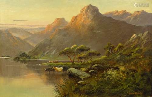 Follower of De Breanski. Mountain river scene, oil on canvas, signed, 49cm x 74cm.