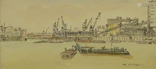 Hugh McKenzie (1909-2005). Docks, watercolour, signed, 16cm x 34.5cm.