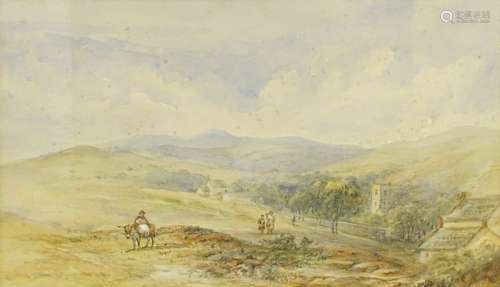 19thC School. Village landscape with figure on a donkey, watercolour, 25cm x 42cm.