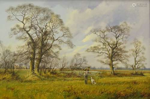 James Wright (b.1935). Rural landscape with game shooter and gun dog, oil on canvas, signed, 50cm x