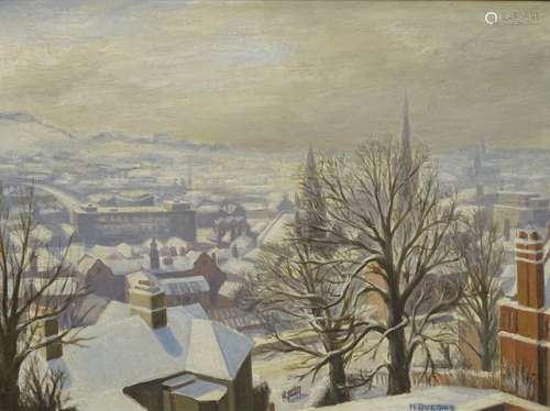 Mary Dudding. Snow bound Lincoln from uphill, oil on board, signed and titled verso, 40cm x 53cm.