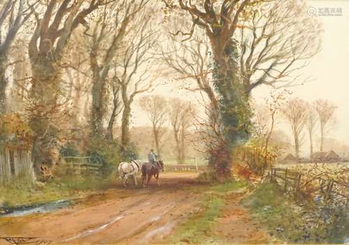 Henry Charles Fox (1855/60-1929). Country lane with horses, watercolour, signed and dated 1907, 38.5