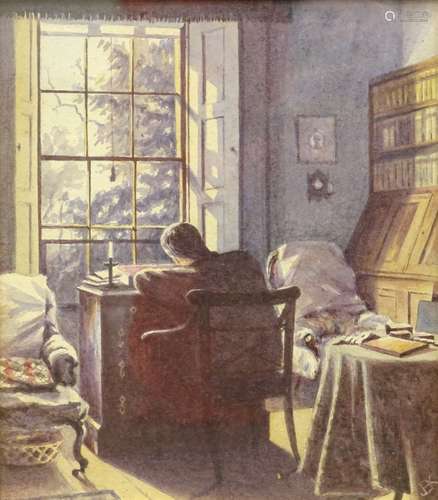 Rachel Mary Harriet Kinnear (1848-1925) Captain Monson sitting in his chair at the desk, watercolour