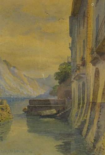 George Leonard Lewis (1826-1913). Continental building by a lake, watercolour, signed and dated 1882