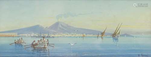 Yves Gianni (19thC/20thC). Italian coastline with fishing boats, volcano in the background, watercol