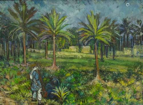 20thC School. Figures in palm tree garden, oil on canvas, 62.5cm x 85cm.