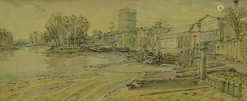 Gordon Cumming (20thC). River docks, watercolour, signed and dated (19)62, 22.5cm x 53.5cm.