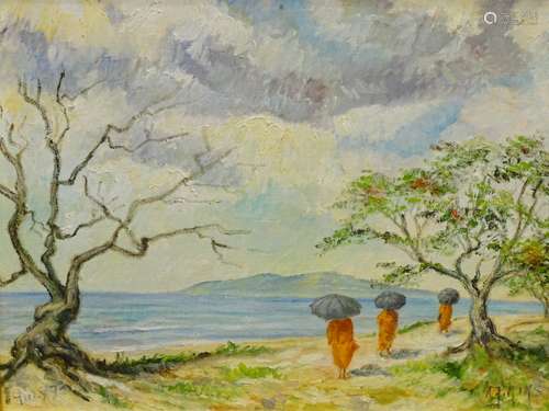 A.J. Riks (20thC). Monks on beach with dead tree, oil on board, signed, titled verso and dated July