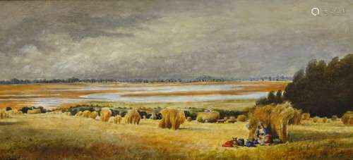 19thC School. figures in a hay field, oil on board, 25.5cm x 55.5cm.