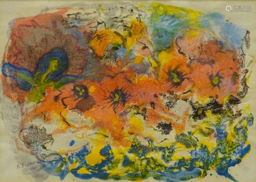 K.C. Buchanan (20thC). Floral study, watercolour, signed, 21cm x 29.5cm. Artist label verso and two