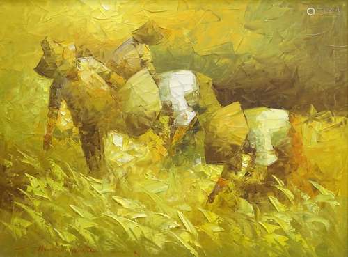 20thC School. Figures working in the fields, oil on canvas, indistinctly signed, 45cm x 60cm.