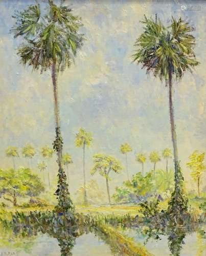 A.J. Riks (20thC). Sugar Palms, oil on board, signed and titled verso, 50cm x 40cm.