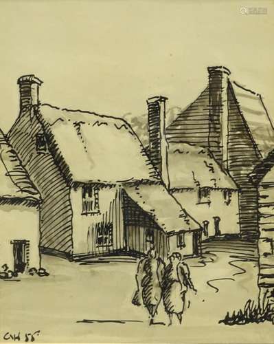 C.H. (20thC). Figures on village street, drawing, initialled and dated (19)55, and four framed print