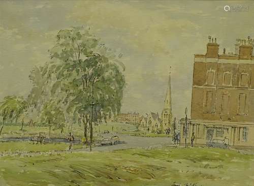 Hugh McKenzie (1909-2005). Park scene with church, watercolour, signed, 24cm x 33cm.