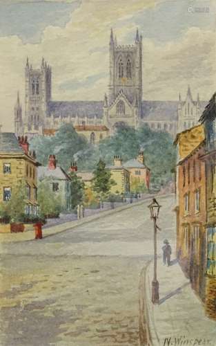 Noah Winspear (20thC). Lincoln Hall, Lincoln, watercolour, signed, 13cm x 8.5cm.