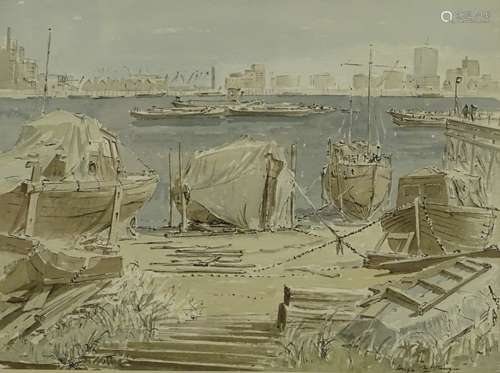 Hugh McKenzie (1909-2005). River scene with boats, watercolour, signed, 26.5cm x 34.5cm.