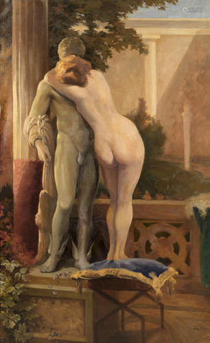 Adam Styka (Polish, 1890-1959) Nude embracing a statue of Hermes