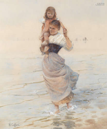 Hector Caffieri, RI, RBA (British, 1847-1932) Mother carrying her child through the shallows