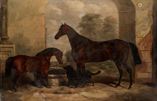 Circle of John Alfred Wheeler of Bath (British, 1820-1885) Mare, foal and dog in the stable yard