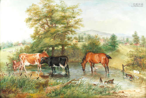 Edwin Frederick Holt (British, 1830-1912) Watering horses and cattle at a pond, Guy wood Farm, Romiley, Cheshire