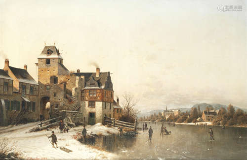 Johannes Bartholomäus Duntze (German, 1823-1895) Figures skating into town