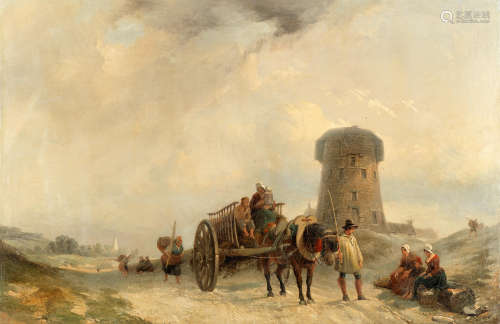 Clarkson Stanfield, R.A. (British, 1793-1867) Horse and cart passing figures on a country road