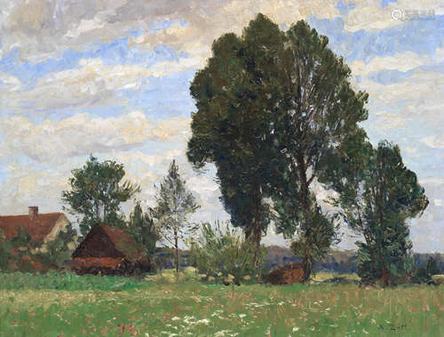 Alfred Zoff (Austrian, 1852-1927) Farmstead from the meadow