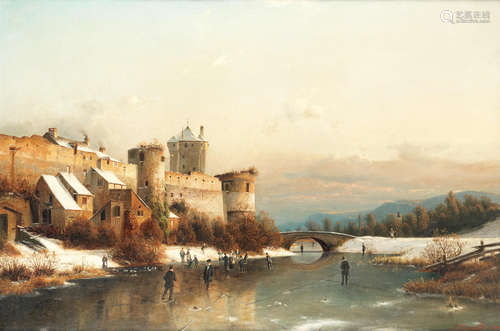 Johannes Bartholomäus Duntze (German, 1823-1895) Figures skating on a frozen river beneath the town walls