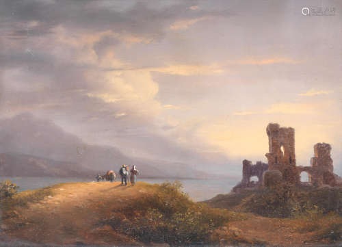 Attributed to Giuseppe Canella (Italian, 1788-1847) Paesaggio con figure e rovine di castello