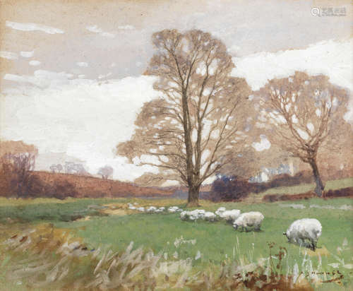 Sir Alfred James Munnings, PRA, RWS (British, 1878-1959) Sheep grazing a meadow