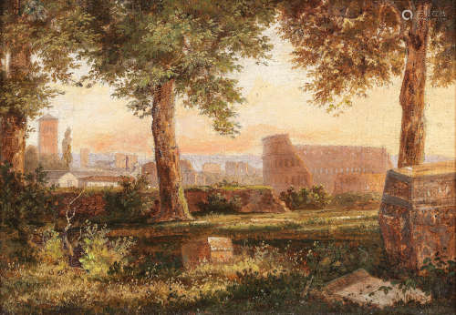 Italian School 19th century A view of the Colosseum from the Protestant cemetery, Rome