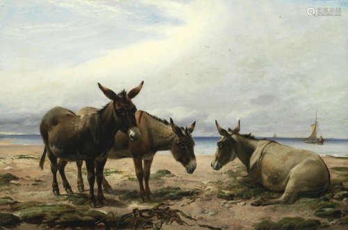 Thomas Sidney Cooper, RA (British, 1803-1902) Three donkeys on a beach