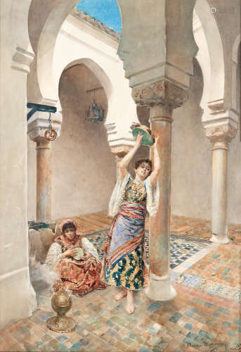 Maria Martinetti (Italian, 1864-1921) Two female musicians in a courtyard