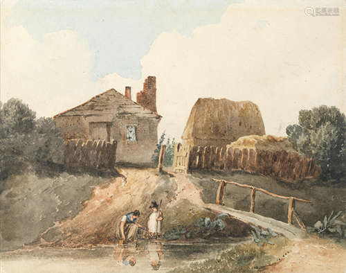 David Cox Snr. O.W.S. (British, 1783-1859) A bridge by a cottage with a woman and child collecting water