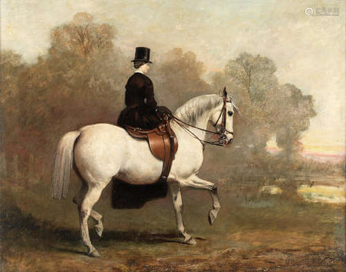 English School (19th century) Portrait of a lady riding a white horse