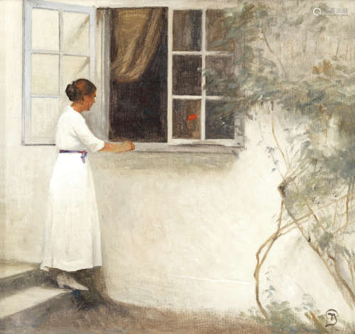 Peter Vilhelm Ilsted (Danish, 1861-1933) Young woman in a white summer dress standing by an open window at Liselund
