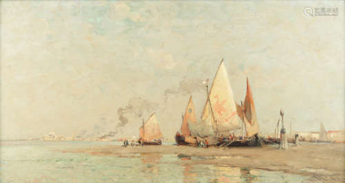 Edward Aubrey Hunt (American, 1855-1922) Sailing vessels near Venice