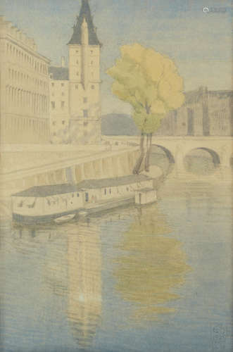 Joseph Edward Southall, RWS, NEAC, RBSA (British, 1861-1944) The Seine at Pont St. Michel, Paris