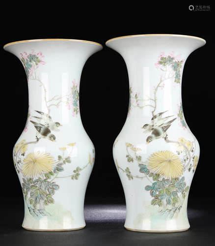 PAIR OF SHALLOW GLAZE VASE WITH FLOWER&BIRD PATTERN