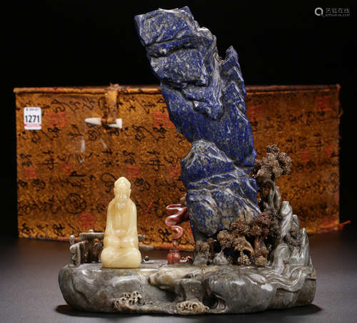 A SOAPSTONE WITH LAZULI LANDSCAPE PATTERN ORNAMENT